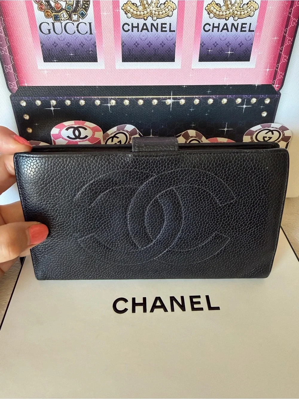 CHANEL Vintage Black Leather CC Logo Long Wallet